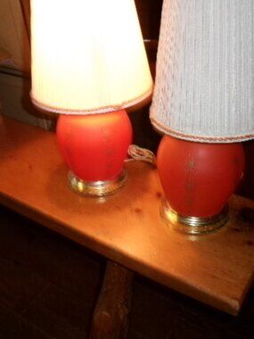 vtg set of 60s orange egg shape lamps atomic starburst pleated shades